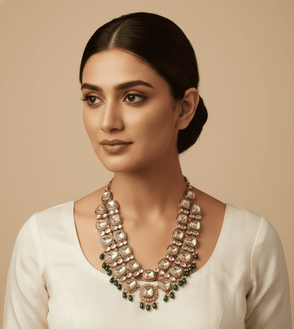 Beautiful Kundan Ruby Royal Long Set - 24k Gold Plated Bridel set | The Jewellery Vault