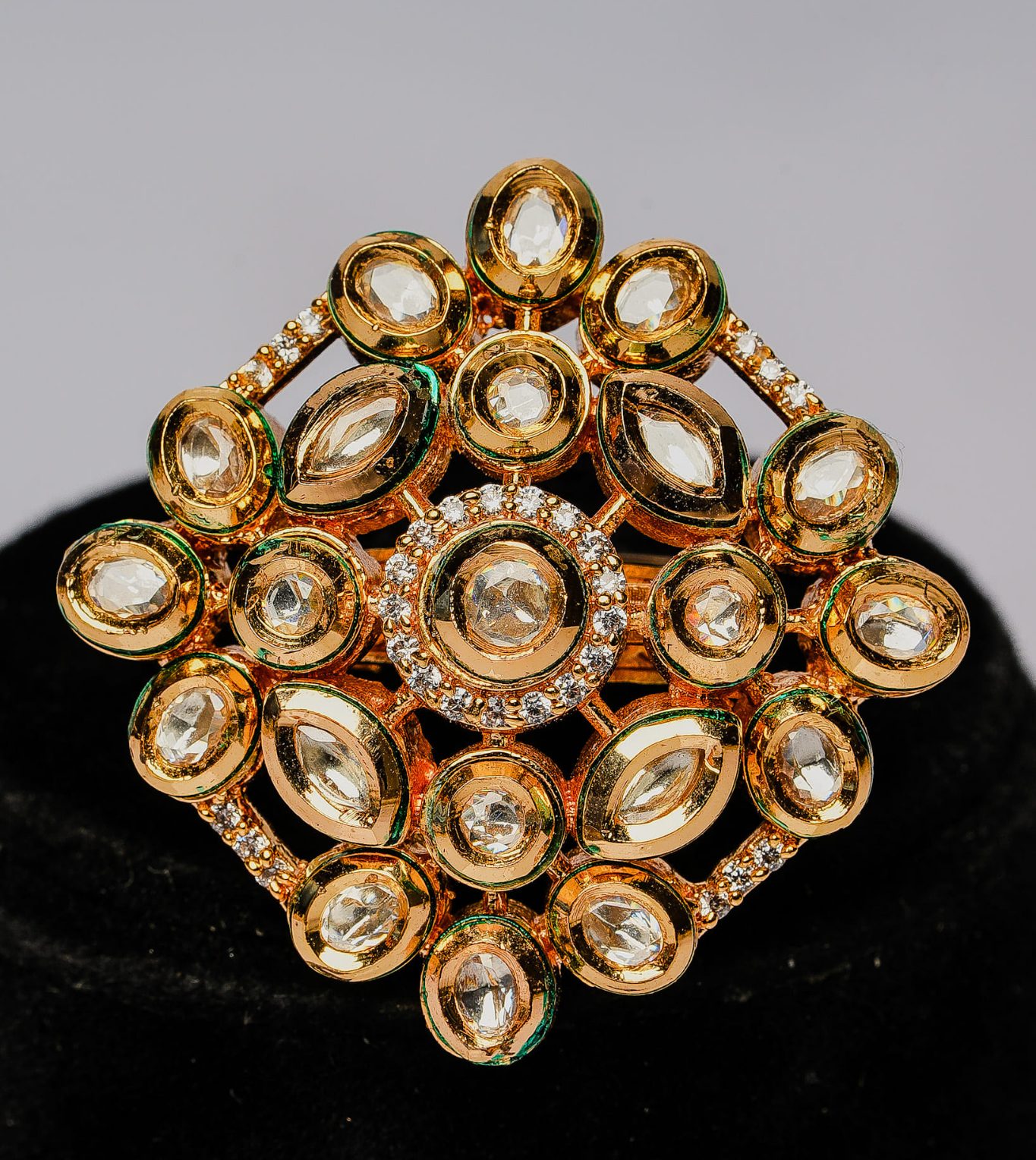 Gold Toned Zircon Stone Floral Ring - 24k Gold Plated Ring | The Jewellery Vault