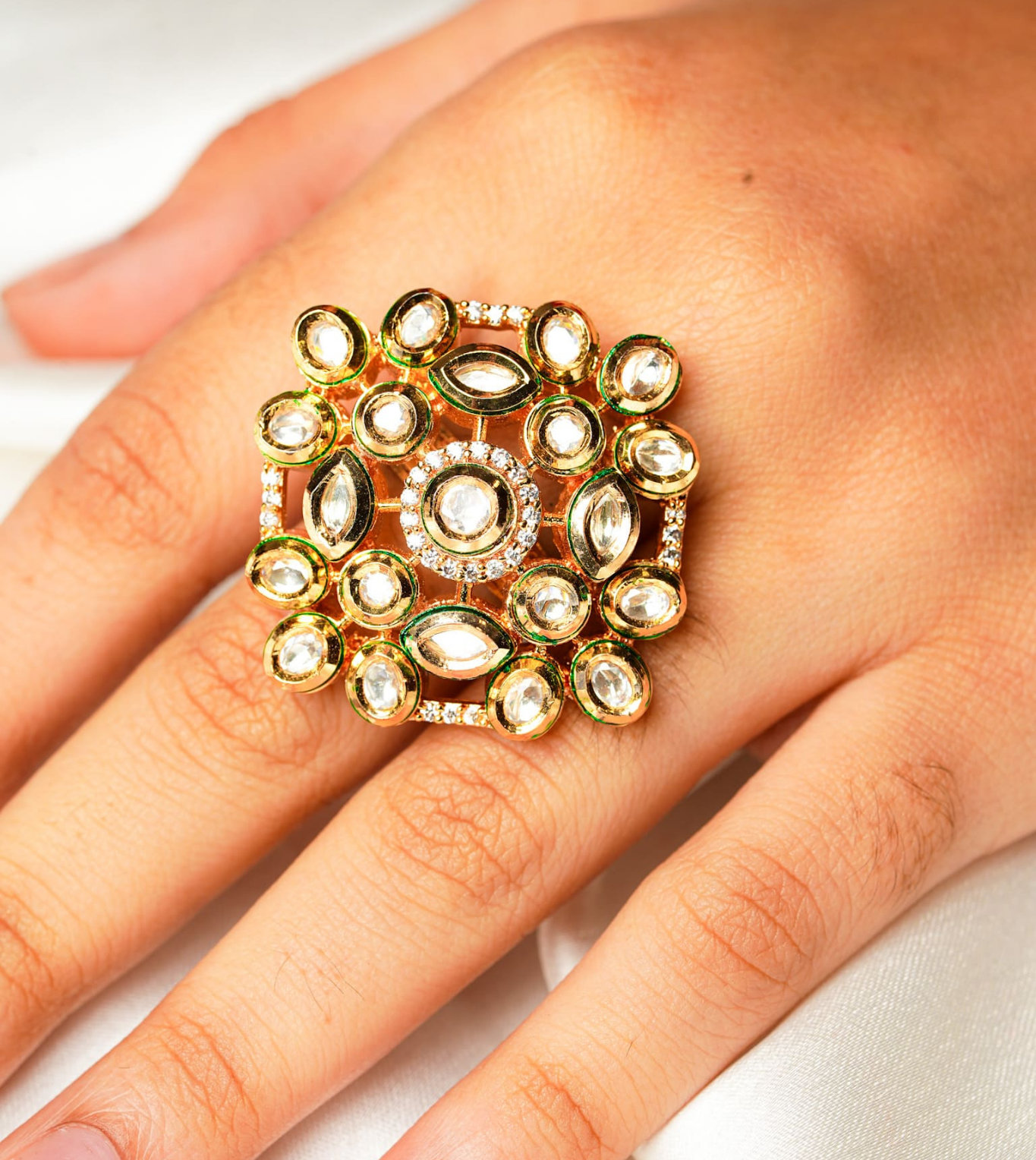 Gold Toned Zircon Stone Floral Ring - 24k Gold Plated Ring | The Jewellery Vault