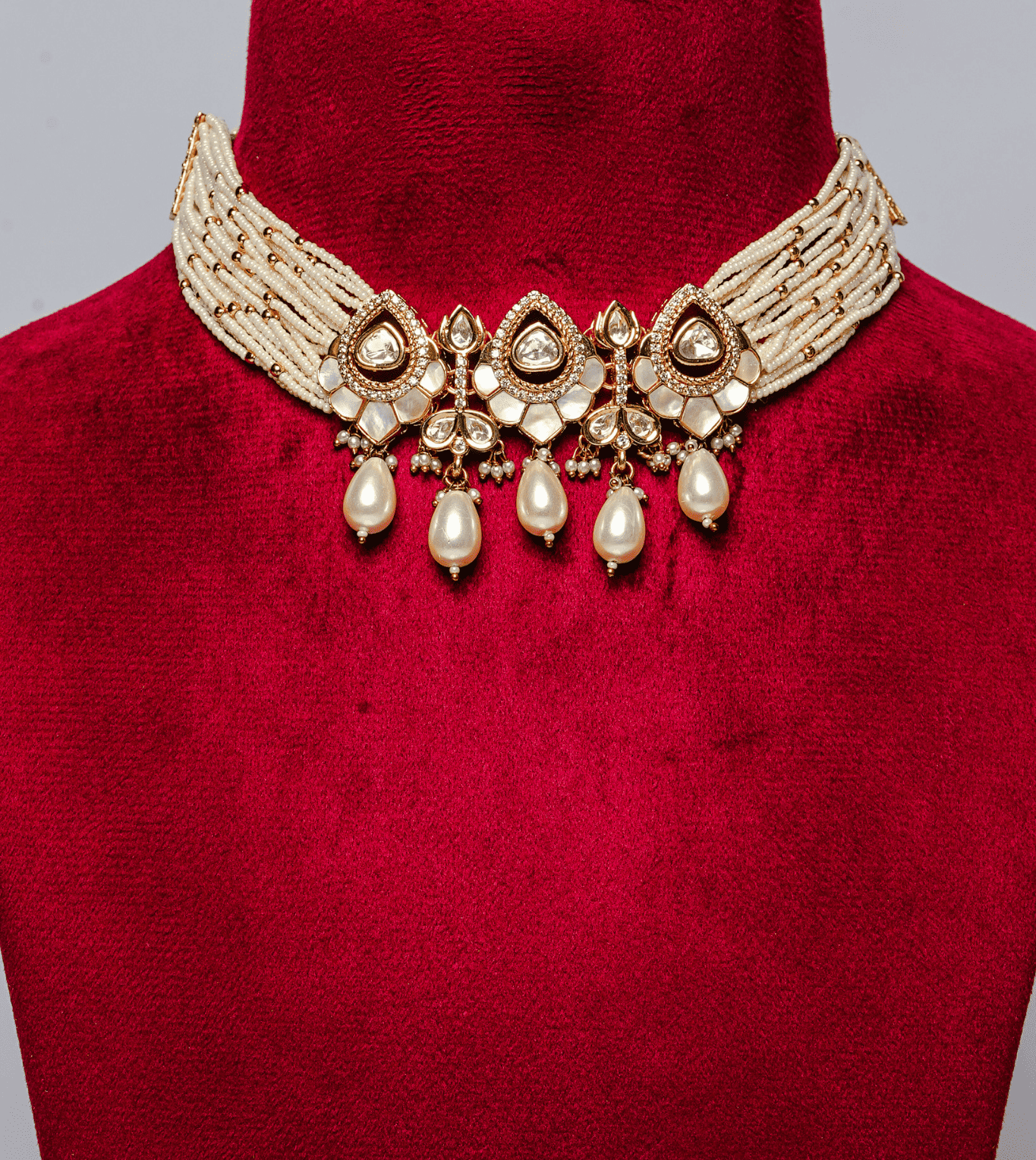 White Stones Pearl Beads Multi-Standerd Temple Jewellery Set - 24k Gold Plated Bridel set | The Jewellery Vault
