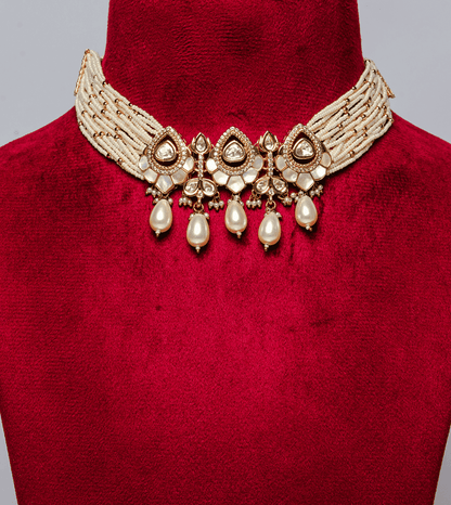 White Stones Pearl Beads Multi-Standerd Temple Jewellery Set - 24k Gold Plated Bridel set | The Jewellery Vault