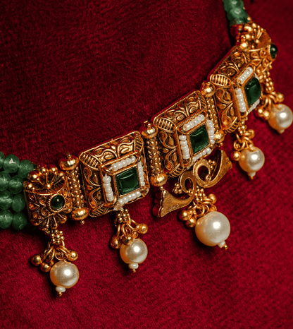 Royal Garden Green Necklace Set - 24k Gold Plated Bridel set | The Jewellery Vault