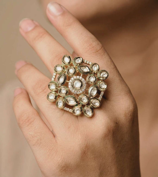 Gold Toned Zircon Stone Floral Ring - 24k Gold Plated Ring | The Jewellery Vault